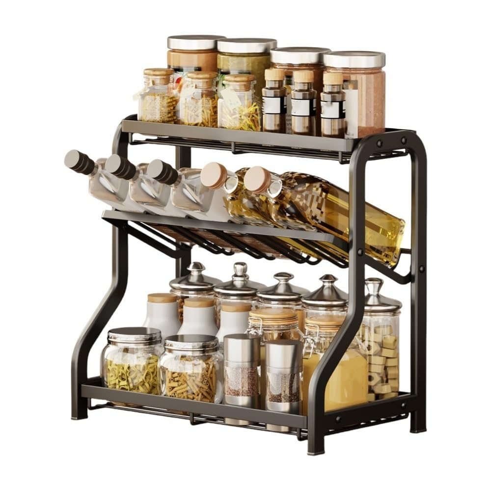 Goxyffmnv 3-layer Metal Spice Rack, Kitchen Organizer, Skin Care Products Shelf, Multifunctional Display Stand for Kitchen, Bathroom(Black)
