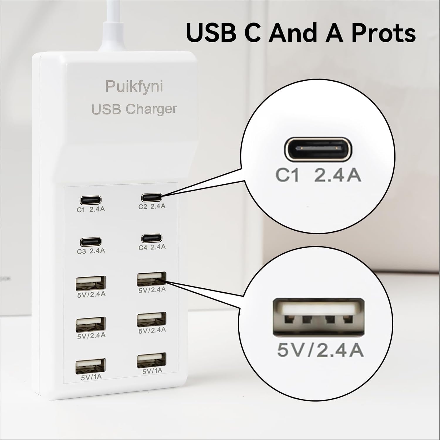 puikfyni portable usb c charging station,4 -c- ports, usb charging hub 10-ports/usb c charger block for multiple devices phones tablet smartwatch headphones speakers (usb-4c+6a) ivory usb-c