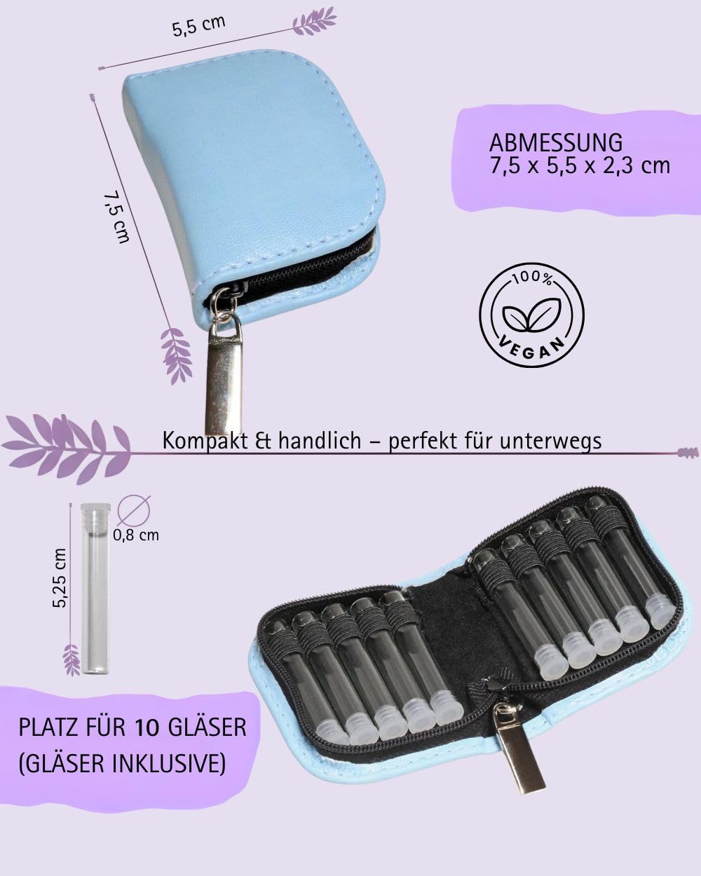 Globuli - Farmacia de emergencia, piel sintética (vegana) con 10 tubos de cristal transparente (azul claro)