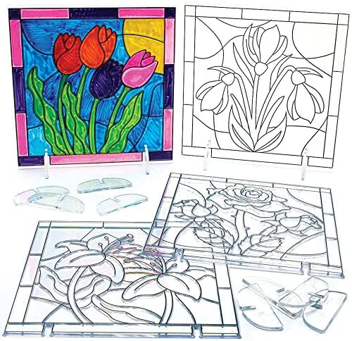 Baker Ross FC737 Flower Suncatcher Pictures - Pack of 5, Painting Craft Kit for Kids, Stained Glass Window Crafts, Creative Summer Craft