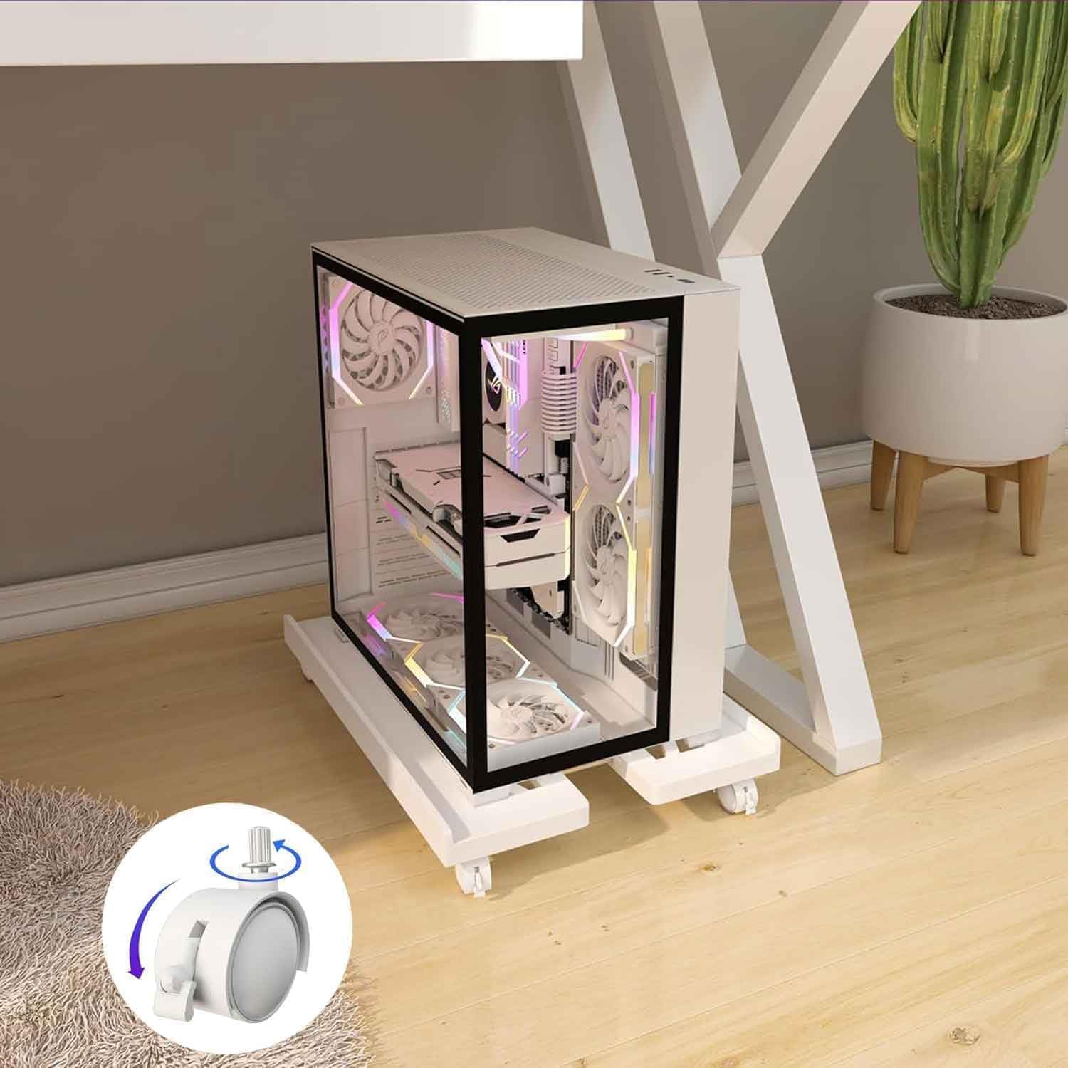 Support PC, Support Tour, pour Ordinateurs de Bureau, Bureau, Gamers, étudiants, Maison, avec 4 roulettes, Blanc