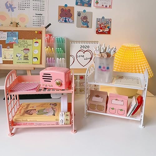 Miniatura 7 de Estante de escritorio para almacenamiento de artículos de papelería, estante de plástico multifuncional de 2 niveles, organizador de maquillaje para