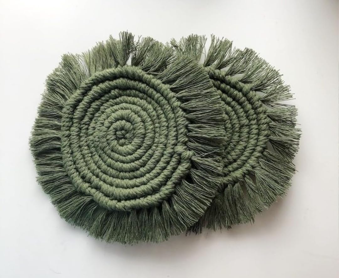 MTRXX Handmade Macrame Coasters Set of 4 – 4-Inch Round Cotton Cup Mats in Cool Green, Boho Fringe Coasters for Coffee, Tea & Home Decor, Woven Table Accessories