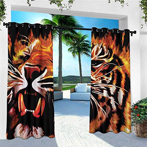 leinuoyi Safari, Outdoor Curtain Panels Set of 2, Fire Power Tiger Flames Hunter Forest King Beast Stripes Furry Large Animal, for Patio Waterproof W96 x L96 Inch Orange Black White