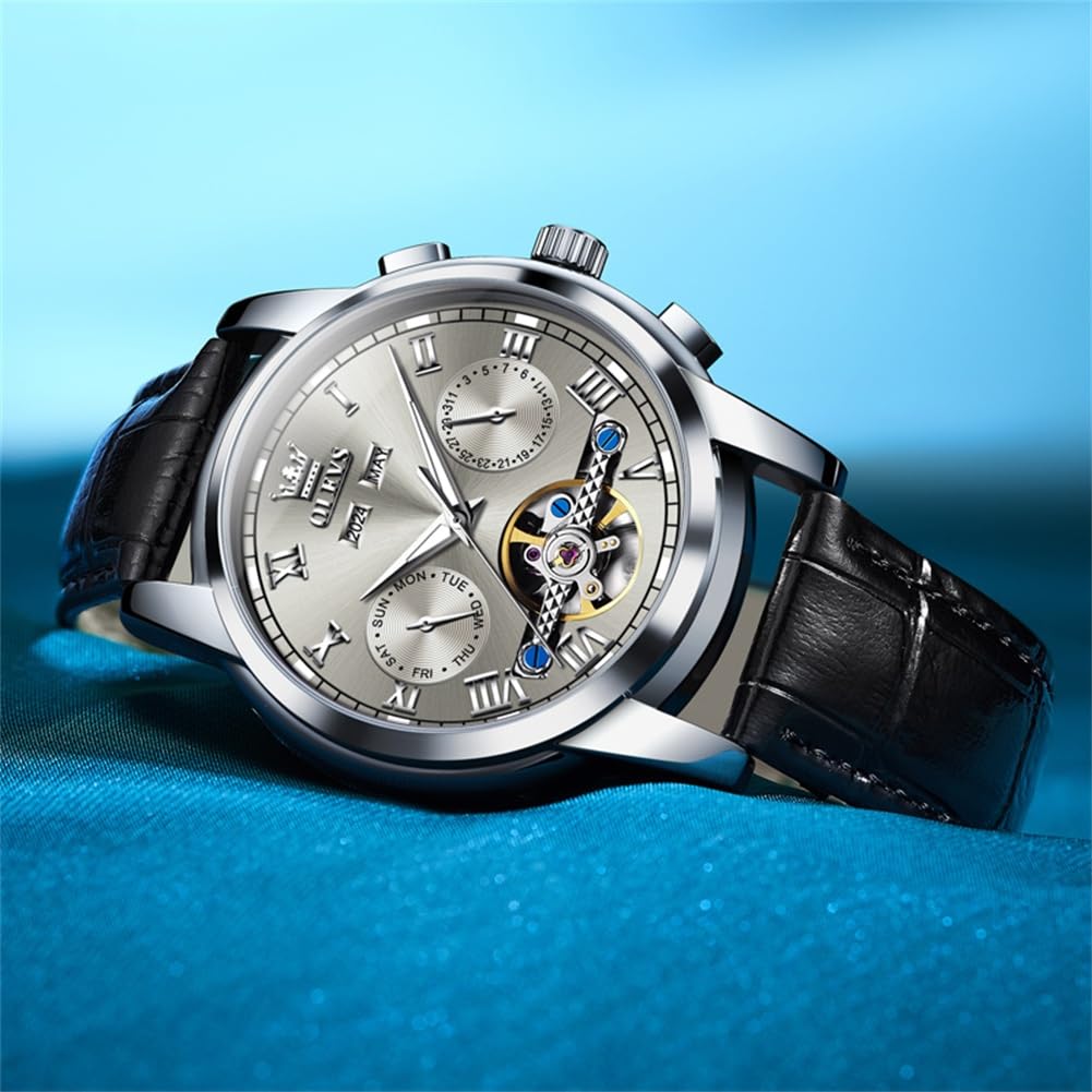 OLEVS Men's Watch Automatic Luxury Dress Tourbillon Chronograph Big Face Calendar Self Winding Wrist Watches for Men Business Moon Phase Mechanical Male Watches Luminous Waterproof