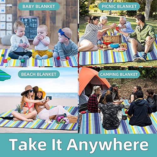 Image of PACKNBUY Foldable Picnic Mat for Outdoor Waterproof Sand Proof Camping Blanket for Beach Travel Park Family Outing Trekking Hiking Large Foldable Mat Rug (Blue Stripes)