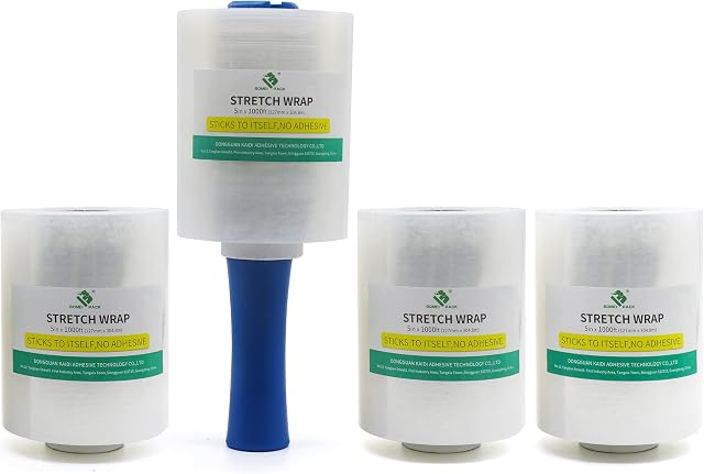 4 Pack Mini Clear Pallet Stretch Wrap Shrink Film with a Plastic Rolling Handle 20 mic*130mm*305m for Pallet Wrap.Durable Self-Adhering Packing,Moving,Packaging,Heavy Duty Shrink Film -BOMEI PACK