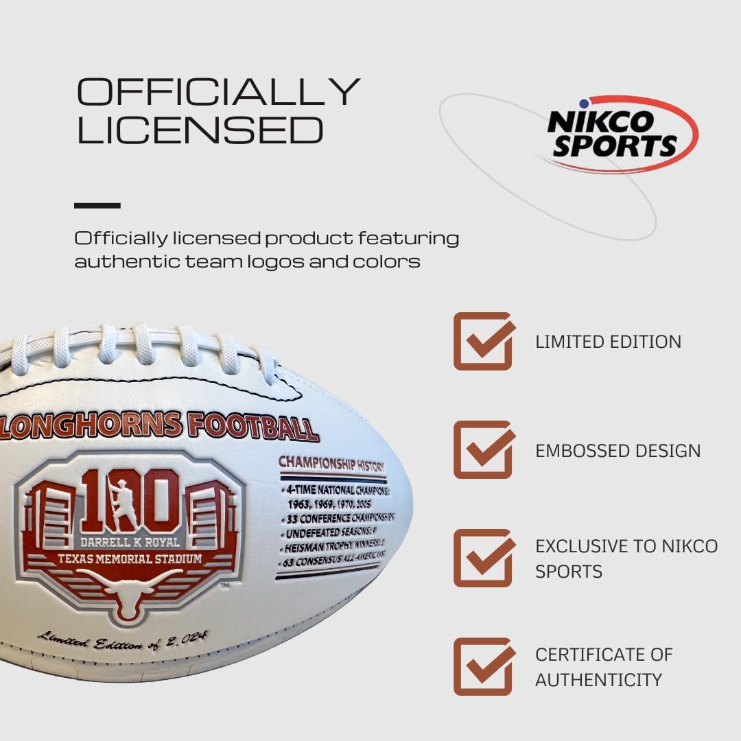 NIKCO Sports Texas Longhorns 100th Anniversary Football | Limited Edition of 2,024 | Darrell Royal Stadium | NCAA College University of Texas SEC Collectible Gift Memorabilia Certificate Authenticity