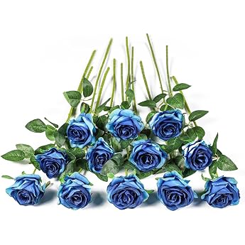 Kisflower 12 x Artificial Roses Flowers Realistic Single Stem Flowers Silk Rose Bouquet for Wedding Party Office Home Decor Color Gradient Blue