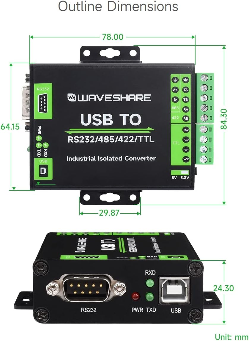 Outline dimensions of the waveshare converter