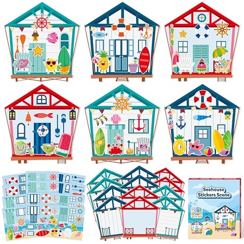 CY2SIDE Summer Seahouse Scene Sticker - 12 Set Hawaiian Luau Sticker Art Craft for Kids School Rewards Make Your Own Starfish Surfboard Ocean House Scene Games Activities Summer Party Favors Supplies - image 1