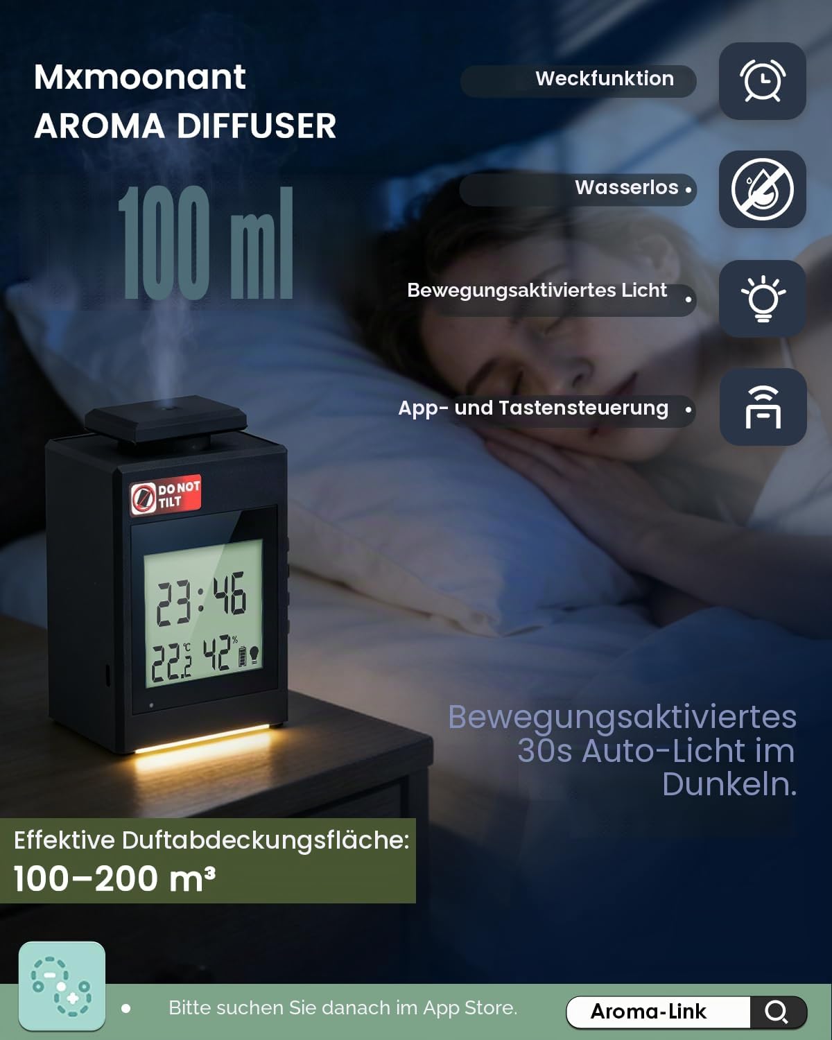 Mxmoonant wasserlose Duftmaschine,100ml Flaschen | Steuerung per App & Tasten, Temp.- & Feuchtigkeitsanzeige, digitale Uhr, Nachtlicht, für Schlafzimmer & Büro