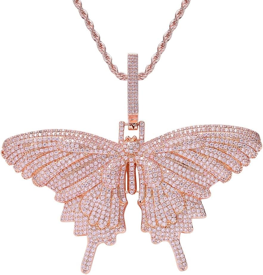 Iced Out Necklace for Men - Hip Hop Butterfly Pendant - Copper Plated 18K Gold Micro Inlaid Zircon with 24in Rope Chain Hip Hop Rapper Jewelry Giftting