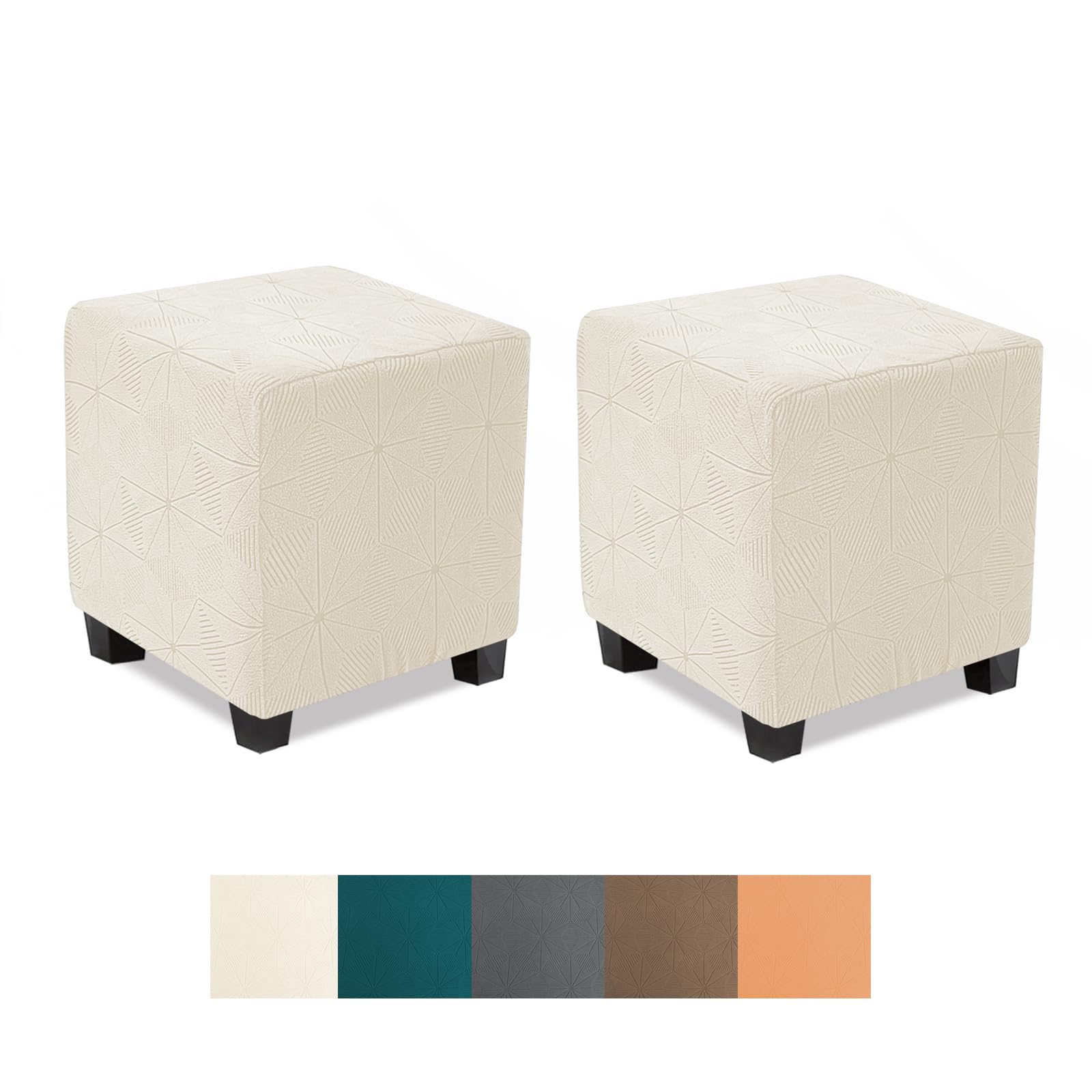 NeColorLife Small Ottoman Cover Square, Stretch Slipcover for Storage Stool, Soft Knitted Jacquard Footstool Protector for Living Room, Beige, 2PCS