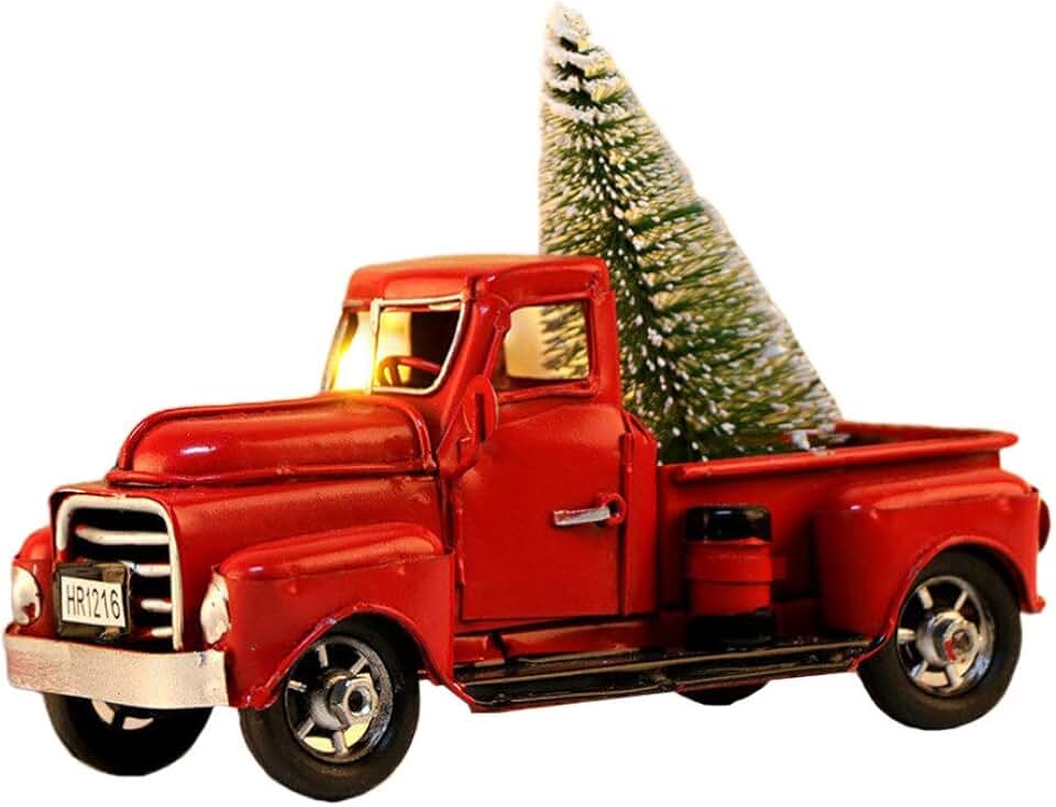 red pickup truck with christmas tree