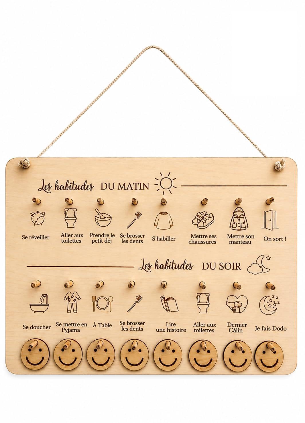 Tableau Routine Enfant Montessori Bois – Planning Journalier Habitudes Quotidiennes Matin Soir – Autonomie Enfant Smileys