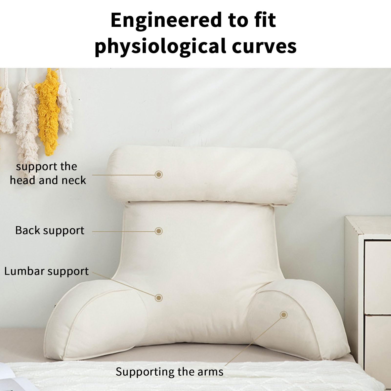 Luxmars Reading Pillow with Detachable Neck Roll, Large Adult Backrest with Arms, Bed Rest Pillow with Side Pocket and Handle for Sitting in Bed Adult,Back Pillow for Watching TV/Gaming/Relaxing