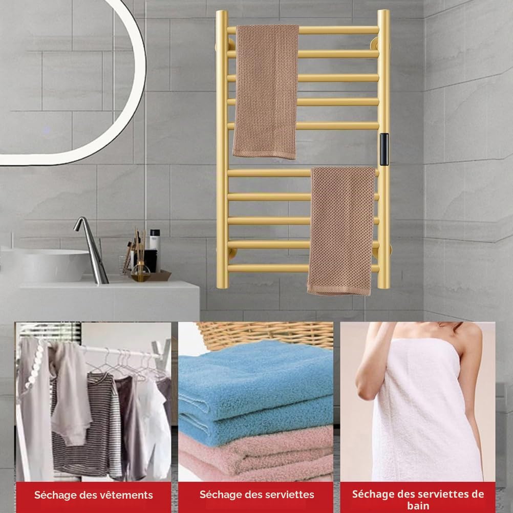 Sèche-Serviettes Radiateur Doré Accessoires De Salle De Bain, Minuterie Intégrée Contrôle De La Température 10 Bars Porte-Serviettes Chauffants Électriques, Plug-in/Hard-Wiring