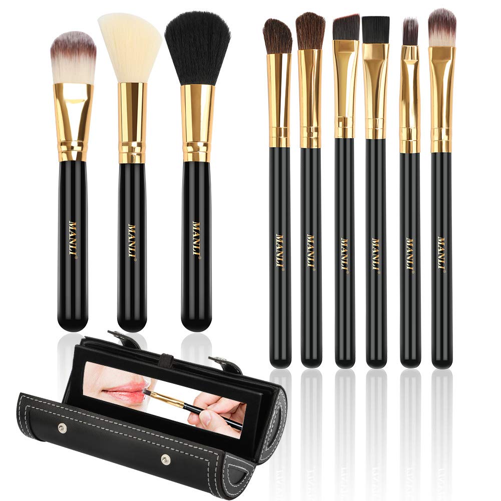 Makeup Brush Set with Case, MANLI 9 Pcs Professional Makeup Brushes Set with Blush Contour Foundation Eyeshadow Eyeliner brush, Makeup Brush Case Organizer with Mirror for Travel
