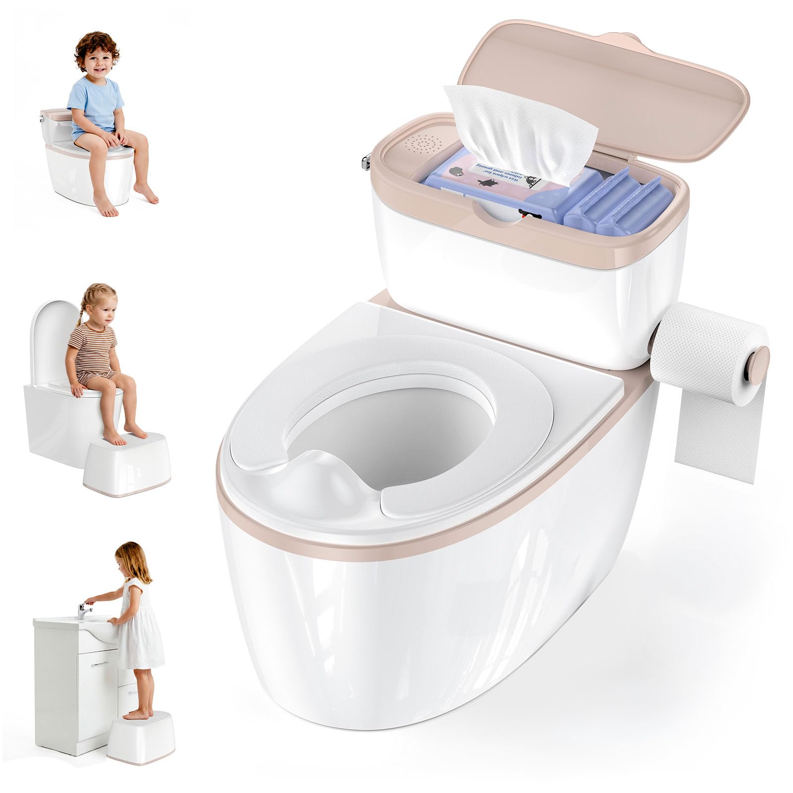 3-in-1 Toddler Potty Training Toilet with Flushing Sound Wipes Storage Toilet Paper Holder Realistic Potty Chair with Detachable