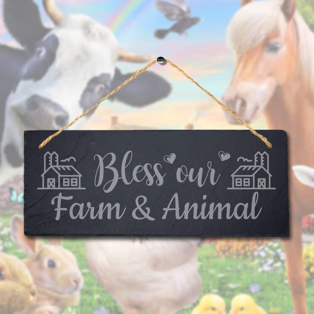 Stukk Laser Hanging Farmhouse Allotment Sign (Bless Our Farm and Animals), Natural Engraved Slate Stone Plaque, 30x12cm (Large)