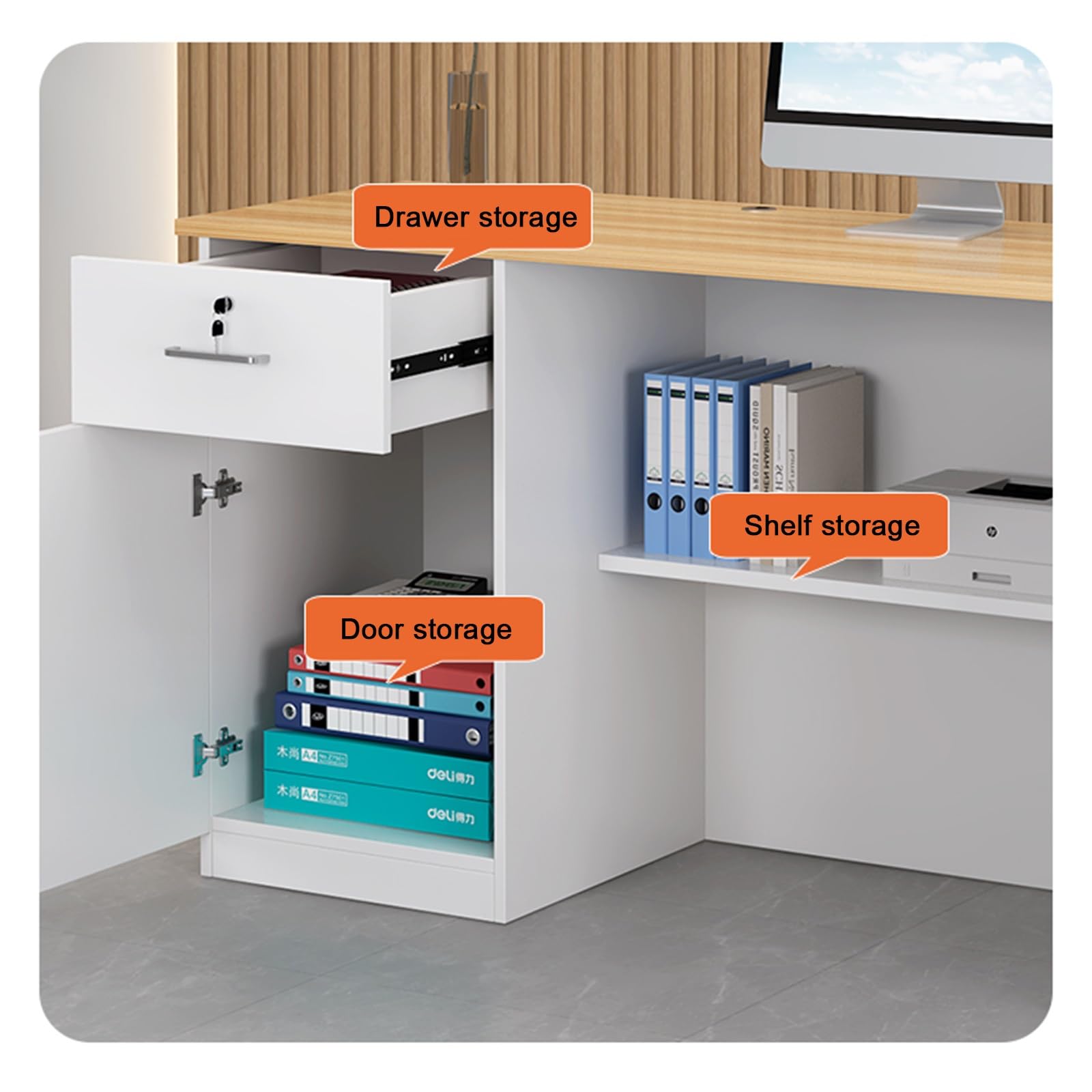 Scrivania per reception con cassetti, con serratura, piccolo banco cassa e uso ufficio, include armadietto, design moderno per un flusso di lavoro efficiente