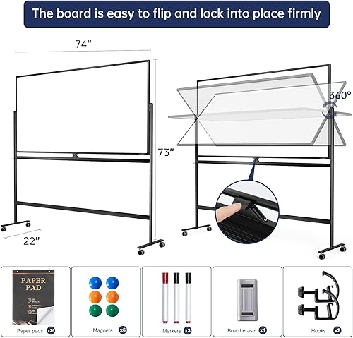 Miniatura 2 de Pizarra blanca magnética grande de borrado en seco  70 x 36 pulgadas de altura de la pizarra blanca ajustable de doble cara caballete portátil móvil