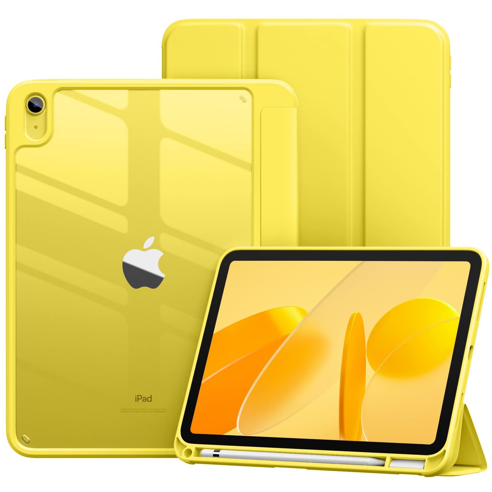 Vobafe Case for iPad A16 11th Generation 11 inch 2025/iPad 10th Generation 10.9 inch 2022, PC Clear Back Cover, Trifold Stand for iPad 11th/10th Gen with Pencil Holder, Auto Wake/Sleep, Yellow