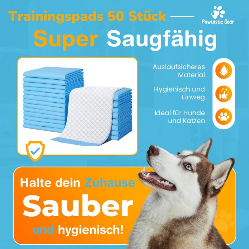 Pawtastic Gear - Welpenunterlagen 90x60 cm, 5-lagige Trainingspads 50 Stück, Auslaufsicher und Strapazierfähig mit Schnell Trocknender Oberfläche, PIPI Matten für Hunde, Blau-Weiß