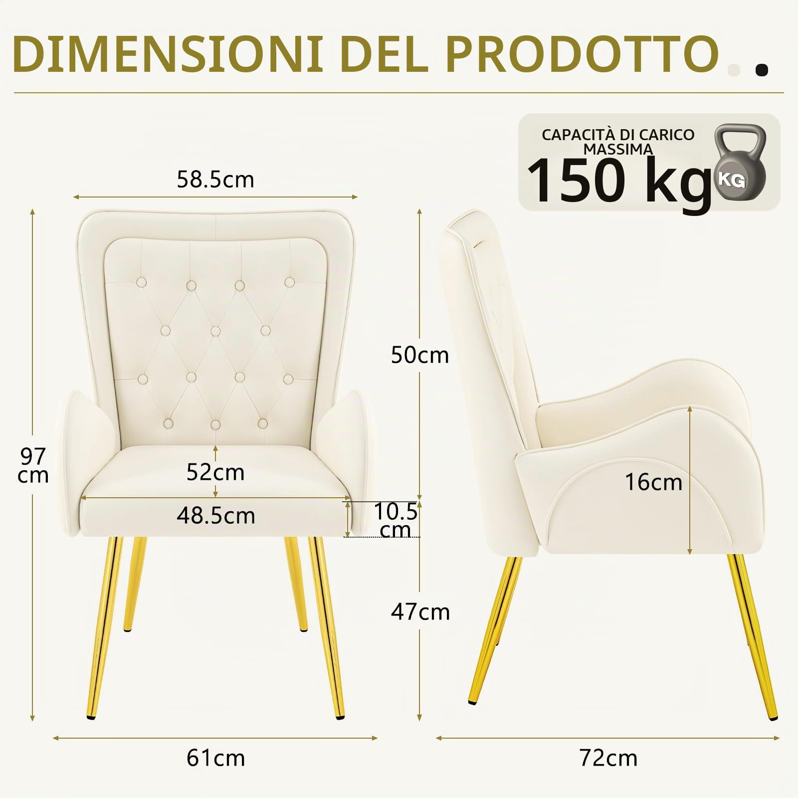Hellove Poltrona e Poltroncina Salotto, Poltrone Moderne in Pelle – Sedia Poltrona e Sedia Trucco – Poltrona Camera da Letto con Piedini Oro – Poltroncina da Camera per Relax e Lettura, Beige