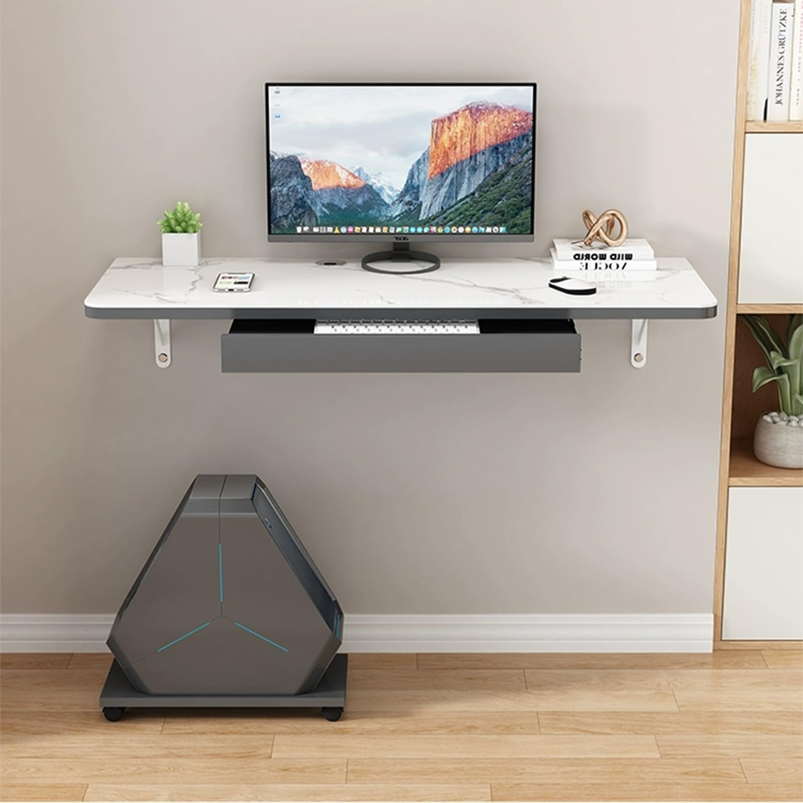 Wall Mounted Floating Laptop Desk Space Saving Folding Workbench for Small Spaces Stylish White & Grey Design Perfect Home Office Kitchen (100cm/39.4in)