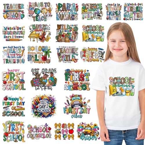 24 Sheets Back to School Dtf Transfers Ready to Press, First Day of School Iron on Transfers for T Shirts Stickers Heat Transfer Vinyl Crafts, Teacher Iron on Decals for Clothes Bags DIY Designs