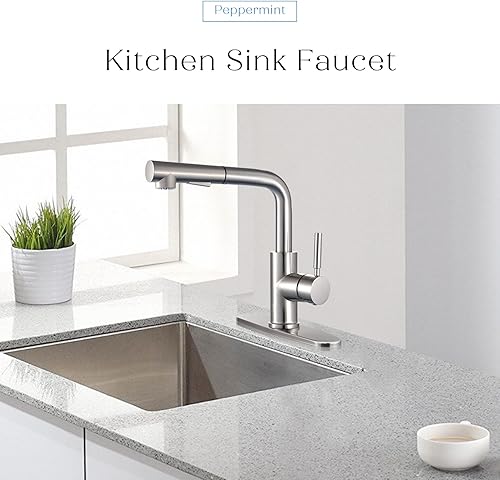 Miniatura 7 de Peppermint Grifos de cocina con rociador extraíble, grifo de níquel cepillado para fregadero de cocina, una sola palanca, grifo de fregadero de