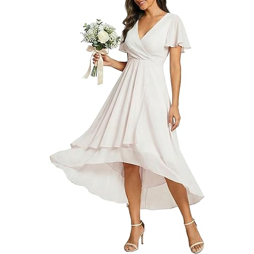 Ever-Pretty Women's Spring Chiffon Semi Formal Dresses V Neck Ruffle Sleeves High Low Cocktail Dress for Wedding Guest 2084