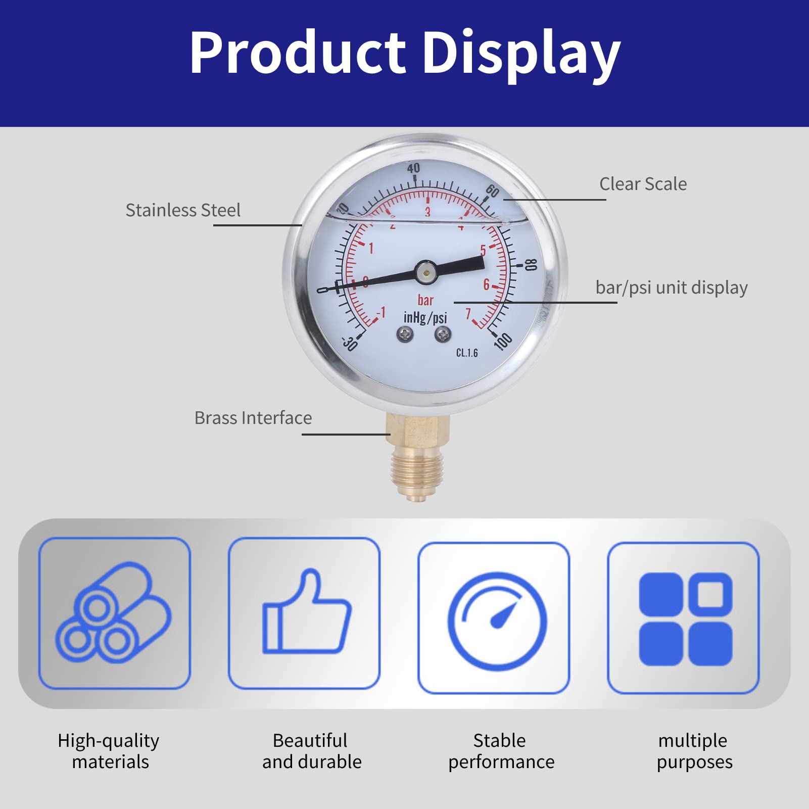 Manometer 1/4" BSP -1 bis 7 bar, -30 bis 100 psi Edelstahlgehäuse Messinginnenkonstruktion Flüssigkeitsgefülltes Manometer
