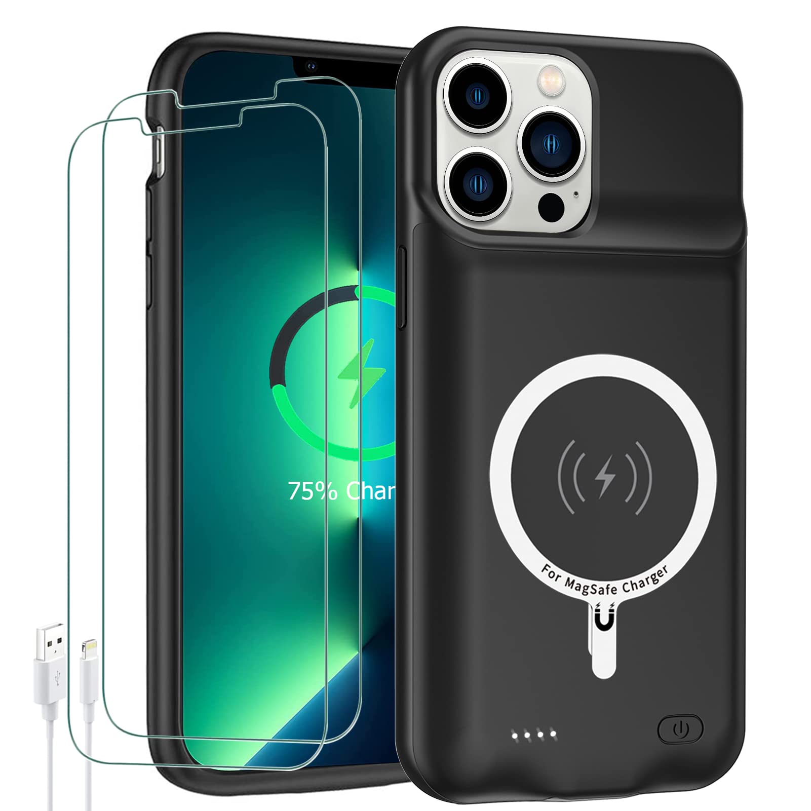 JBUBN Battery Case for iPhone 13 Pro, 10000mAh High Capacity Rechargeable Portable Protective Extended Charger Case, Wireless Charging Compatible, Extra Battery Life, Black