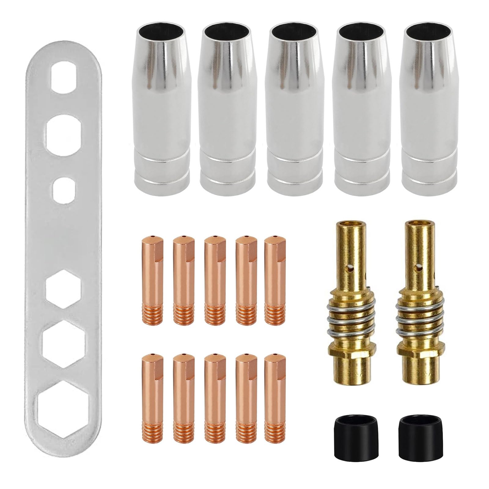 HAPPOW Pack of 20 Welding Accessories, Wear Parts Set for MIG/MAG MB15AK, Welding Torch Set with 5 Gas Nozzles, 2 Nozzle Sticks, 10 Power Nozzles M6, 2 Insulator and 1 Tool