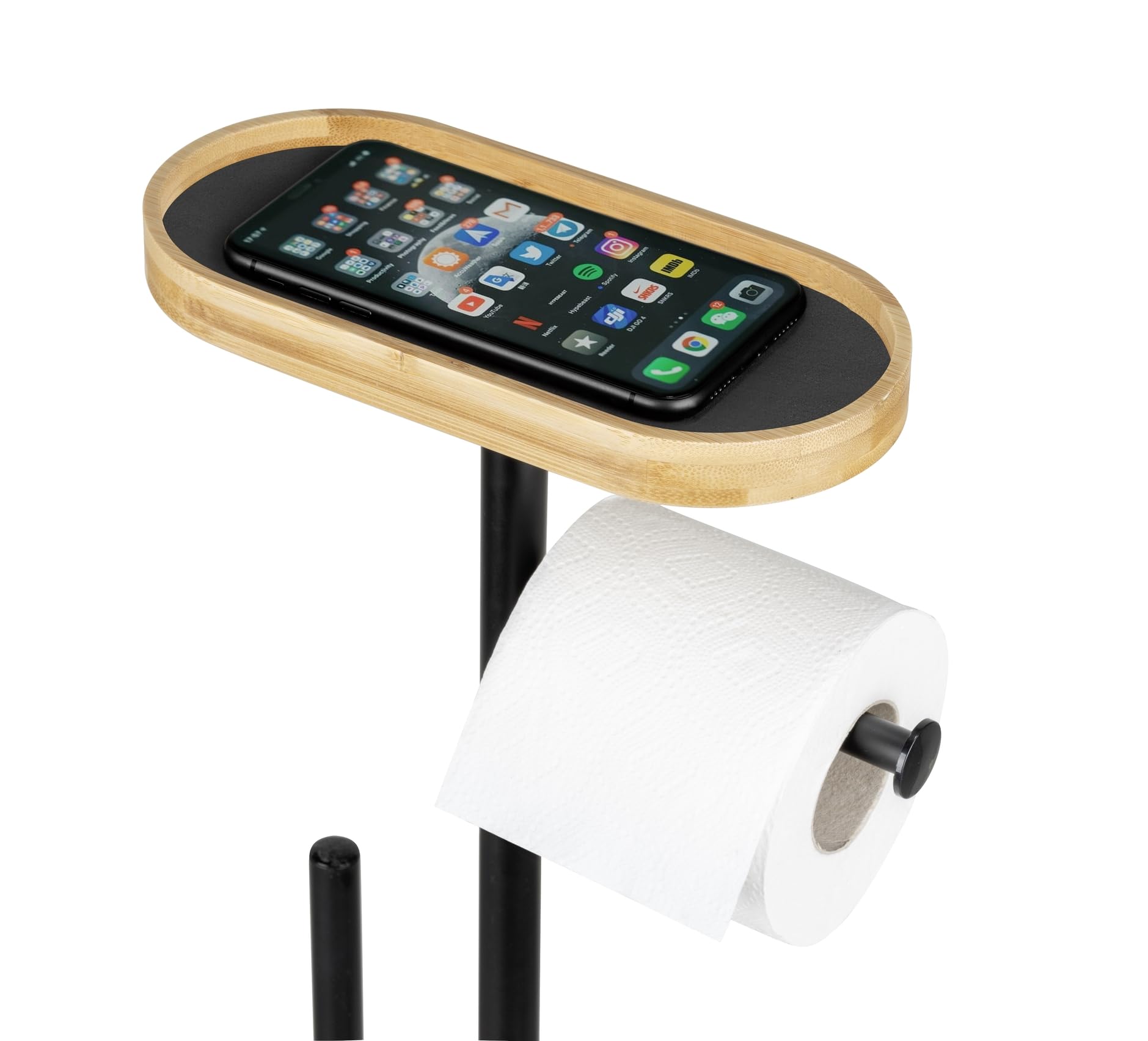 Stand WC-Garnitur Mod. Pomarolo, Bambus, Stahl, Natur/schwarz, 25x70,5x17 cm, inklusive Ablagefläche für Handy