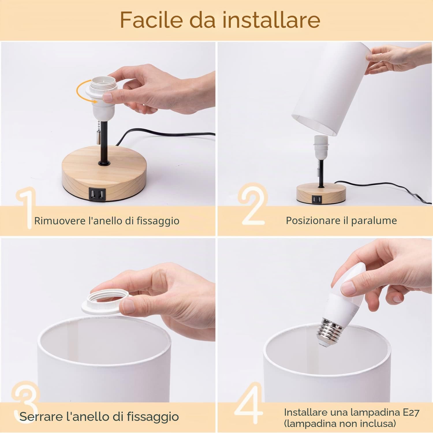 Aigostar Lampada da Comodino con 2 Porte di Ricarica USB, Lampada da Tavolo E27 con Interruttore a Tirare, Base in Legno, Lampada da Scrivania per Soggiorno, Camera da letto, Ufficio - Bianca
