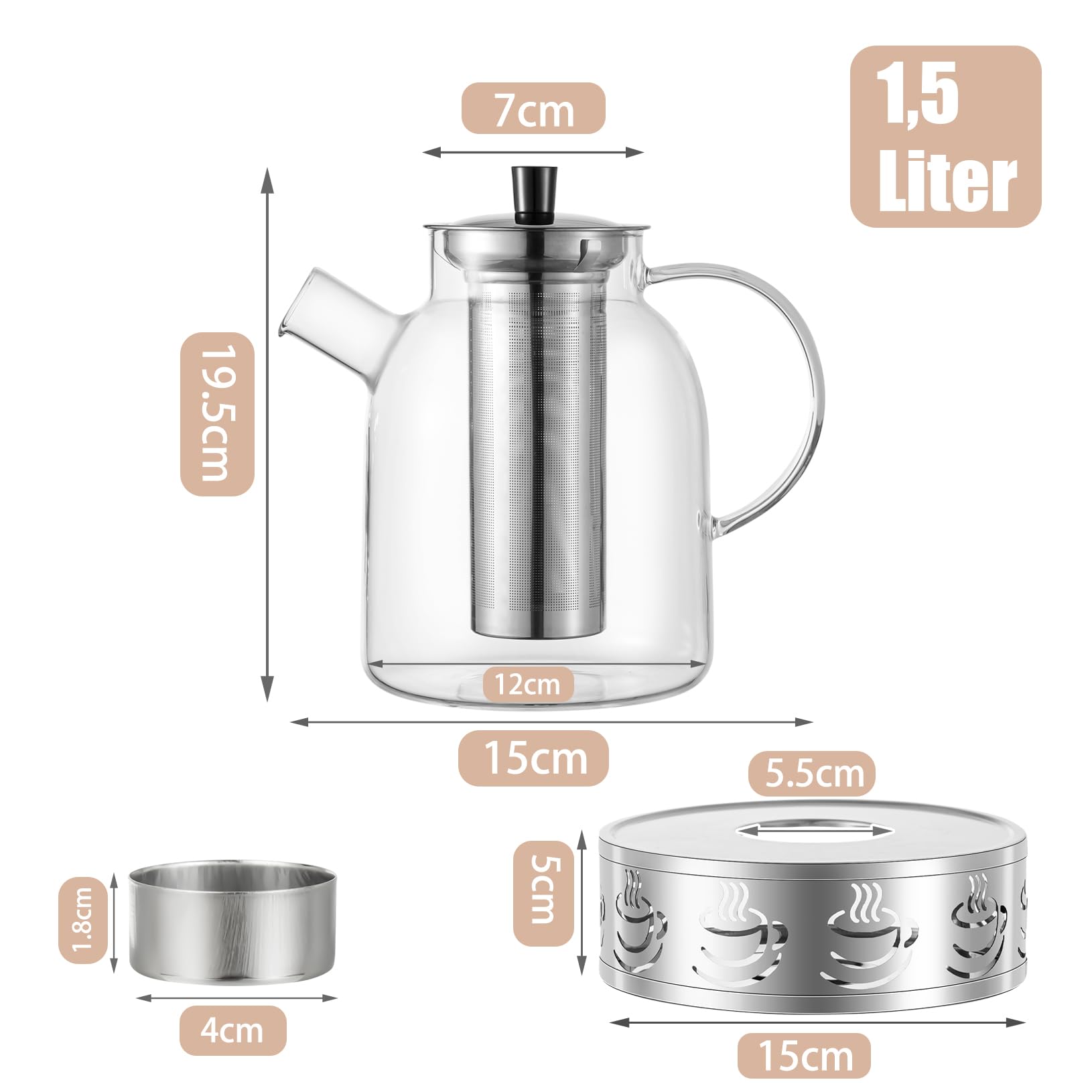 Szklany dzbanek do herbaty, 1,8 l, ze stali nierdzewnej, szkło borokrzemowe i podgrzewacz, nie kapiący, odporny na wysokie temperatury, nadaje się do mycia w zmywarce