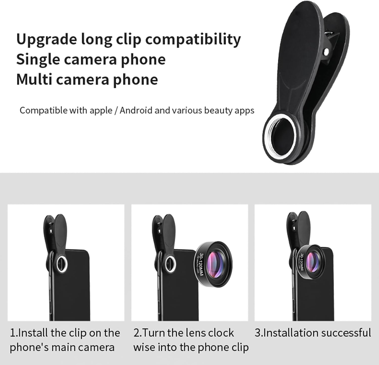 Andoer Universal Macro Lens for iPhone, 30-120mm, No Distortion, Prime, Fixed Focus, 4:1 Zoom, Optical Glass + Aluminum Alloy + ABS
