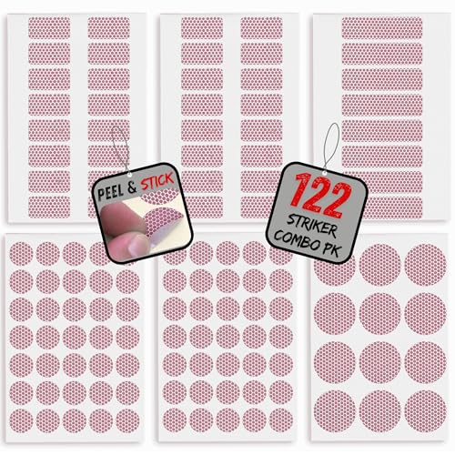 122 Piece Match Striker Variety Pack | Peel & Stick Adhesive Stricker Stickers for Safety Matches | Replacement Flint Strips Pad Dots and Circles Combo
