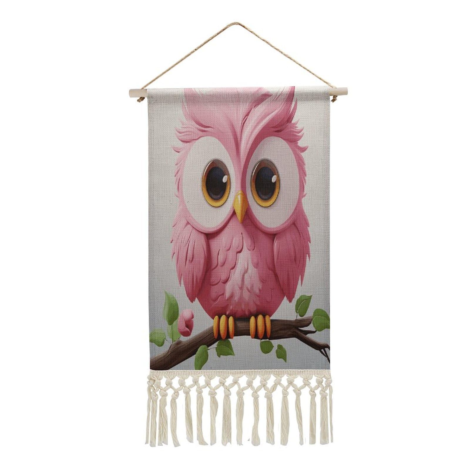VstaDank A Pink Owl Wall Art Decor with Tassels 20"x10" Cotton Linen Hanging Tapestry Decor Wall Art Prints Wood Frame Boho Wall Art Poster for Bedroom Living Room Office