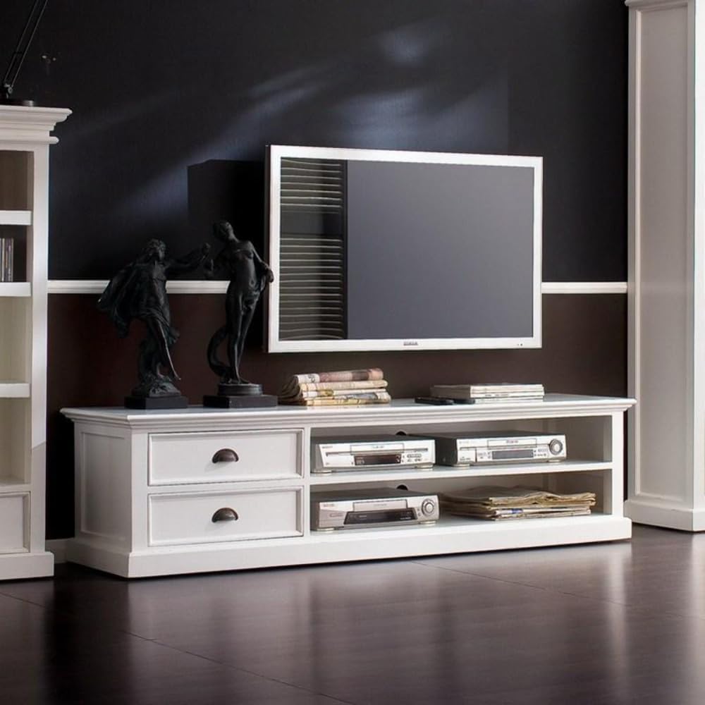 NovaSolo Halifax Pure White Mahogany Wood Large 2-Tier Tv Stand And 2 Drawers