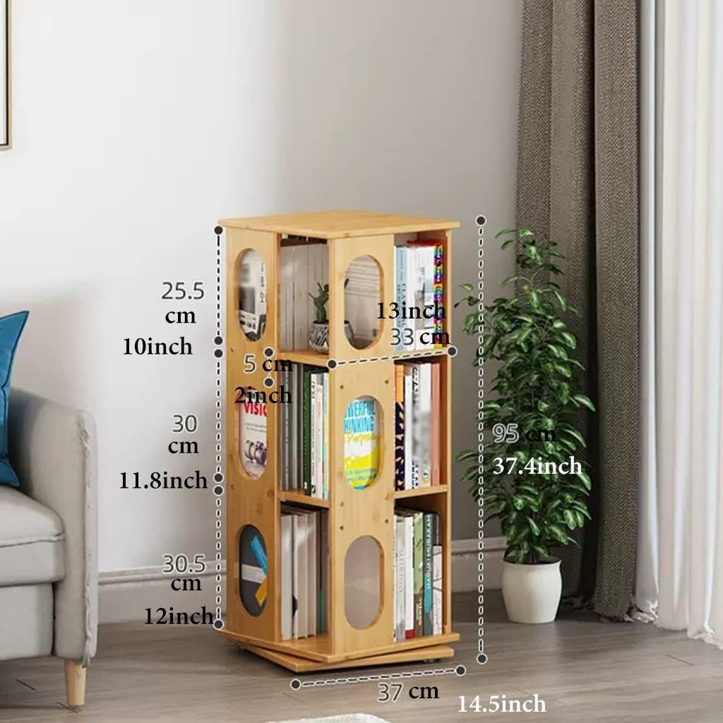 GIZNXBA Rotating Bookshelf, Small Corner Bookshelf for Small Space, 360° Display 3 Tier Floor Standing Bookcase Storage Rack, Bamboo Narrow Book Shelf Organizer for Bedroom