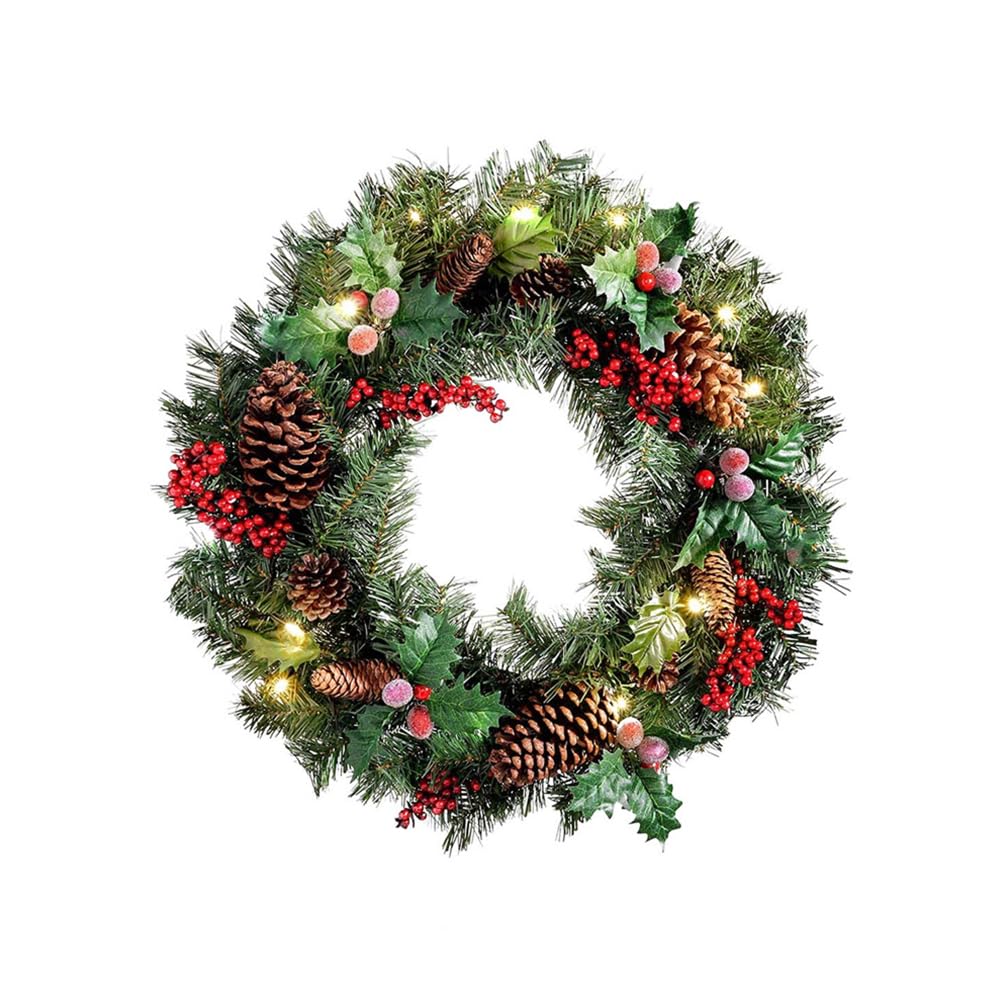 Christmas Wreaths with Lights for Front Door, 30cm Christmas Wreath with Pine Cones and Red Berries, Pre-lit Xmas Wreath Artificial Wreath for Indoor Outdoor Christmas Festival Home Decor (11.8in)