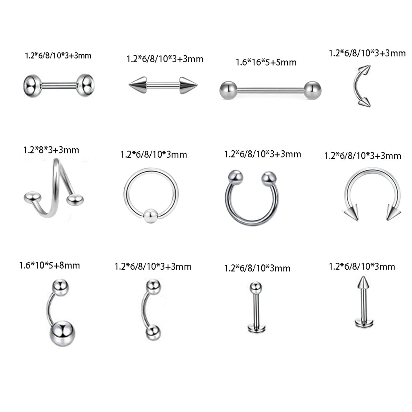 Pierścienie do nosa dla dorosłych, biżuteria do piercingu wieży, stal chirurgiczna, 120 szt., warga, brwi, brzuch, język, grubość 1,2 mm, wiele kształtów, piercing biżuteria, prezent