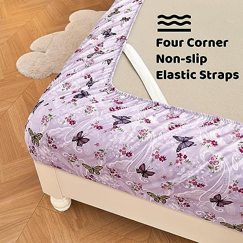 Image of Softan Floral Twin Size Sheet Set, Purple Paisley Flower Printed Sheets for Kids Girls, Brushed Microfiber Fitted Sheet with 15 inch Deep Pocket & Non-Slip Straps, Butterfly Patterned Sheets