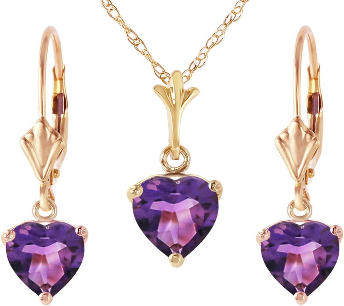 Galaxy Gold GG 14K Yellow Gold 3.45 Carat Natural Amethyst Heart Necklace and Earring Set - February Birthstone - Peace & Wisdom - Fine Jewelry for Women (Yellow Gold)
