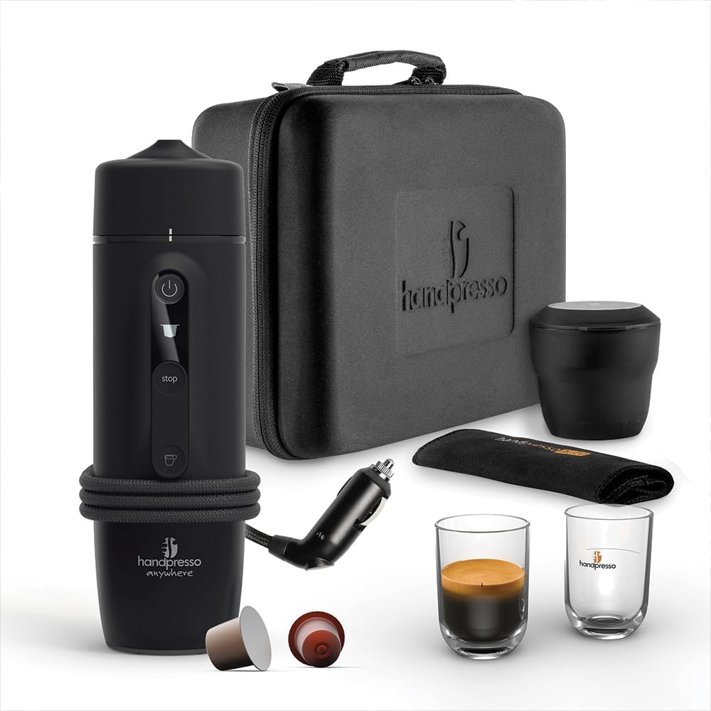 Handpresso Auto Capsule Set | Espresso Machine 12 V/24 V (Car or Truck) for Espresso Capsules Compatible in Complete Box | 12 V/24 V Coffee Maker, Suitcase, 2 Cups, 1 Bin, 1 Towel